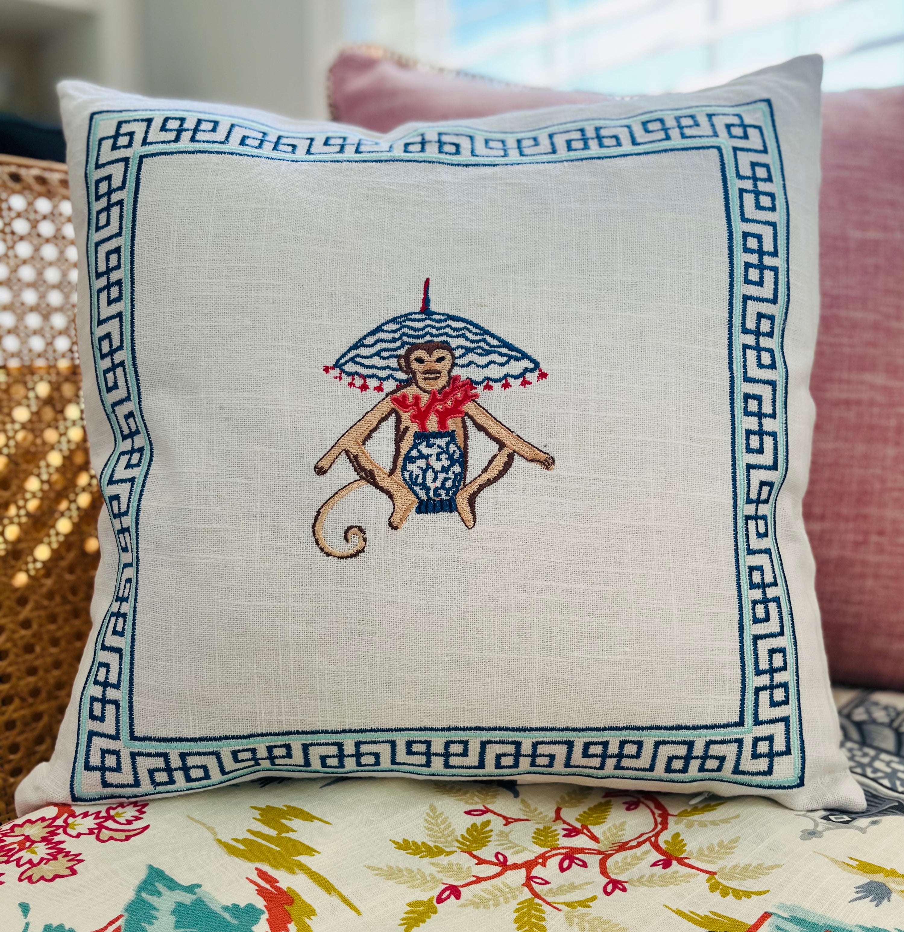 Embroidered Monkey Pillow
