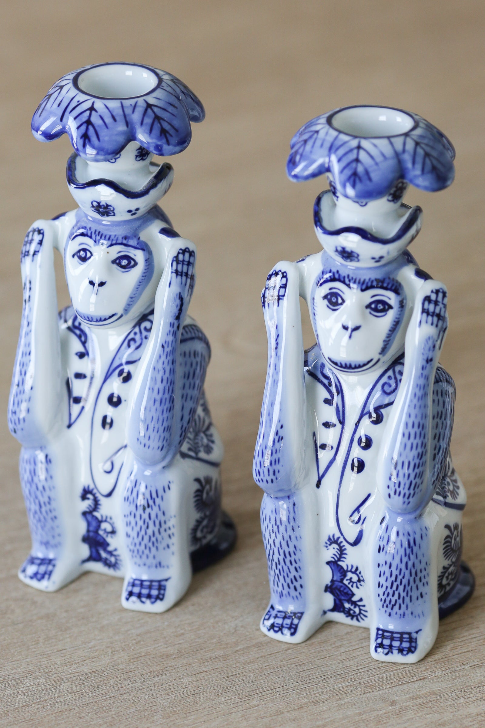 Blue Chinoiserie Monkey Candlesticks